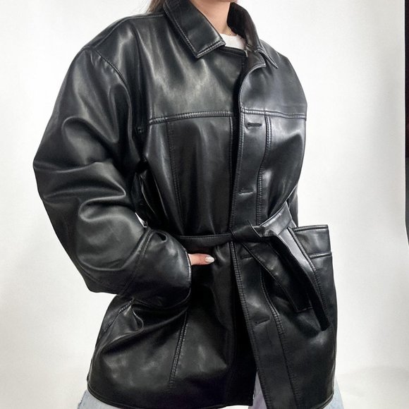 90s style ultra thick oversized leather jacket with button closure - Picture 3 of 4